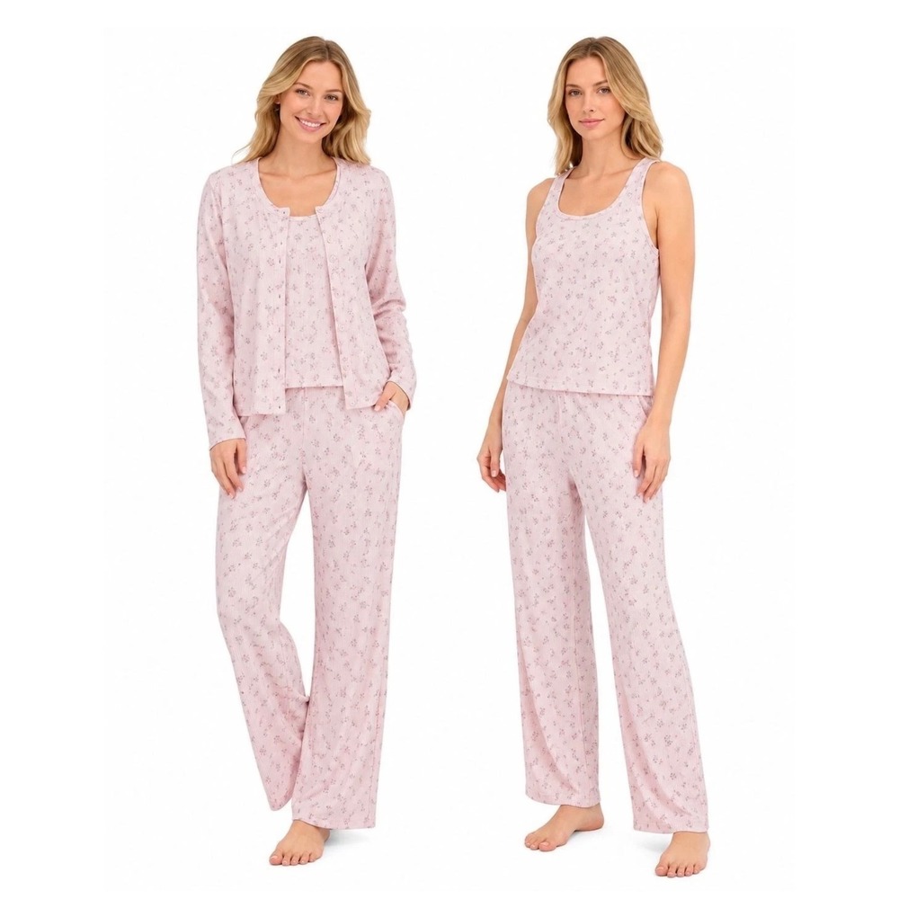 Live 2 Lounge Women 3 Piece Ribbed Cardigan Tank Pant Set Cottagecore Floral XXL